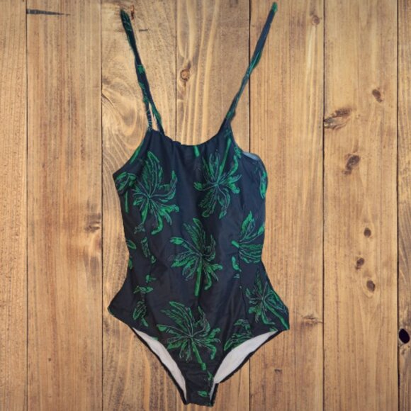Finwanlo 1 Piece Criss Cross Back Swimsuit Black with Green Tropical Pattern NWT - Picture 3 of 8